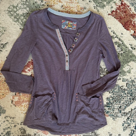 Anthropologie Little Yellow Button Calantha Tee Purple Pocket Long Sleeve Small - Picture 8 of 11